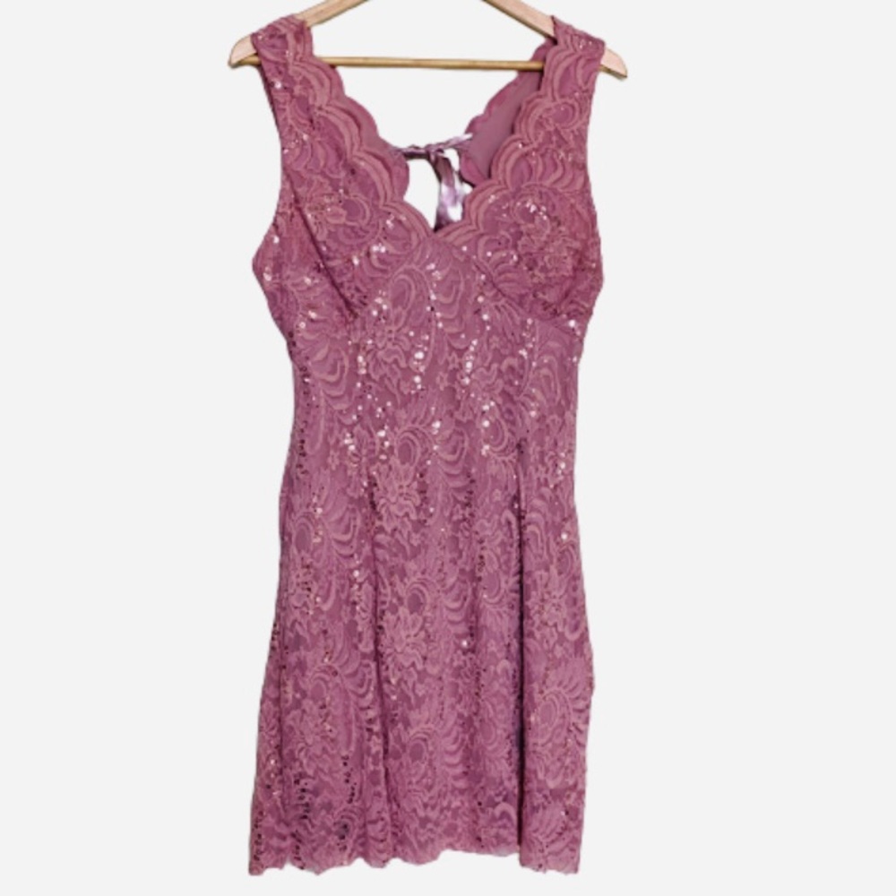 R M Richards salmon pink cocktail dress sequins lace ribbons STUNNING EUC 8😍
